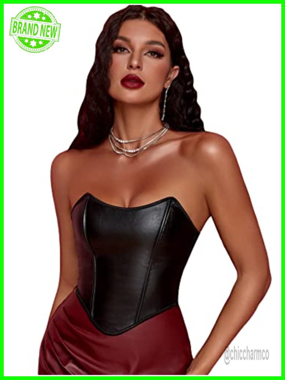 Strapless Lace Up Overbust Corset Top PU Leather Slim Fit